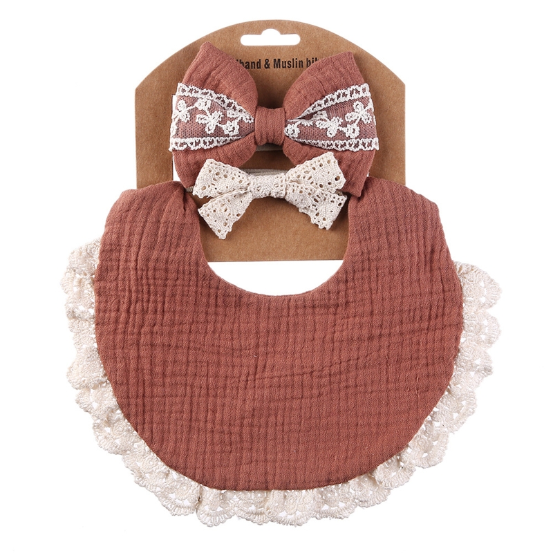 Babyvoeding Kwijl Bib Kant Hoofdband Set Zachte Katoen Speeksel Handdoek Burp Doek Voeden Kwijlen Slabbetjes Schattige Kinderen Haar Accessoires: brown