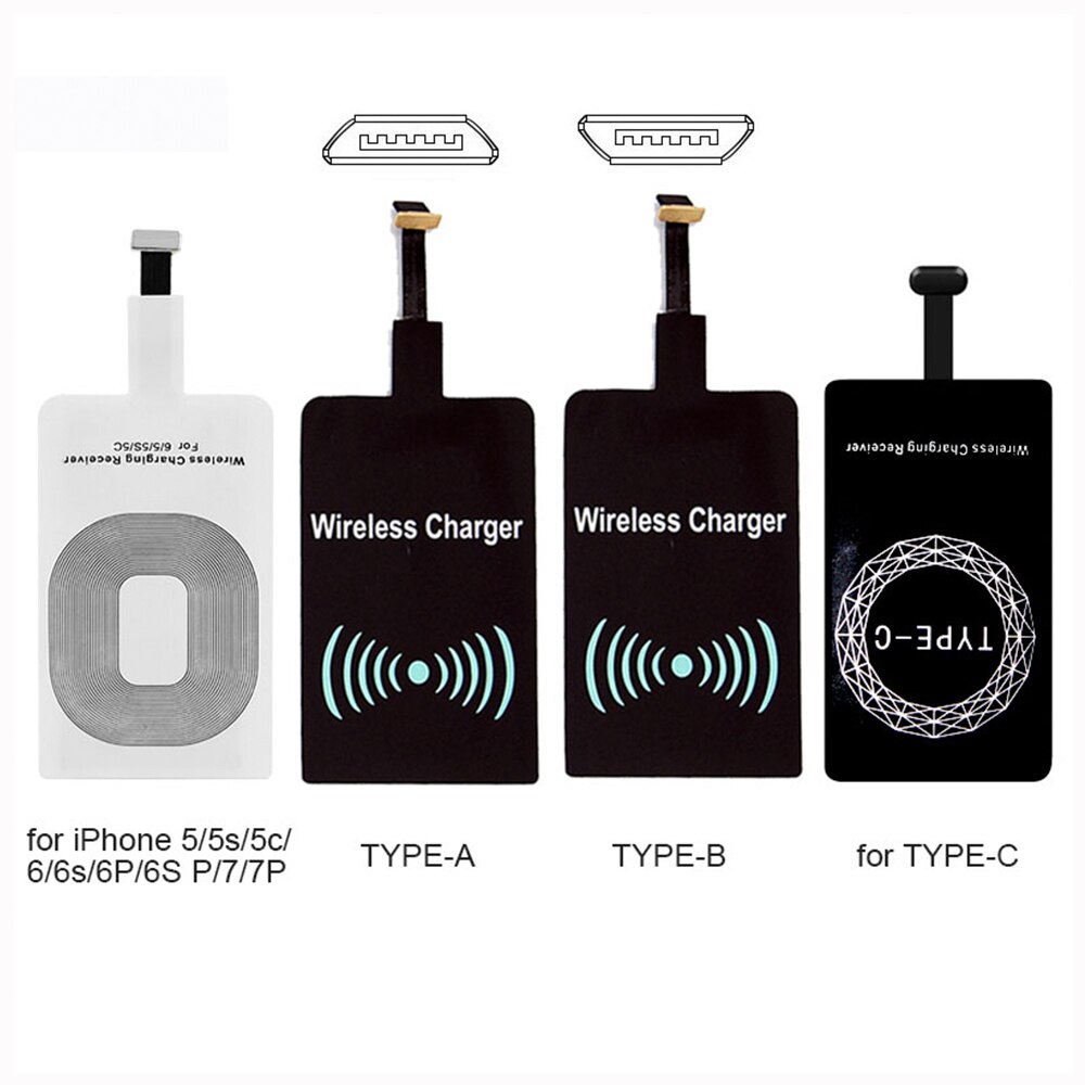 Voor Iphone 5 5S Se 6 6S 6Plus 7 Plus Android Type-C Adapter Qi Draadloze opladen Inductie Patch Charge Coil Ontvanger Oplader