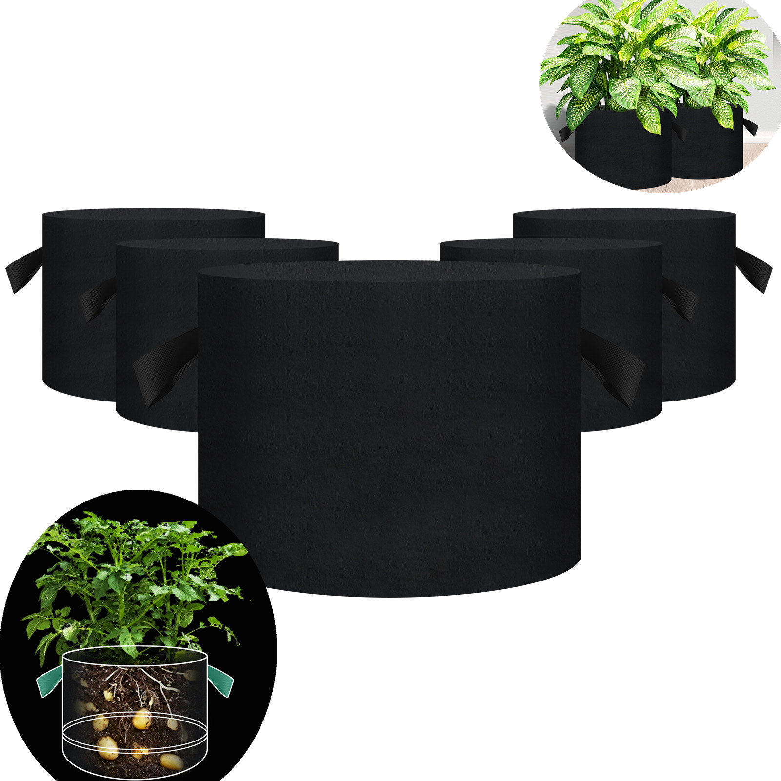 Sacs de culture en tissu feutré Non tissé, 5/10/15 gallons, jardinière de jardin, légumes, tomates, pommes de terre, Pot de fleurs avec poignées, 5 pièces