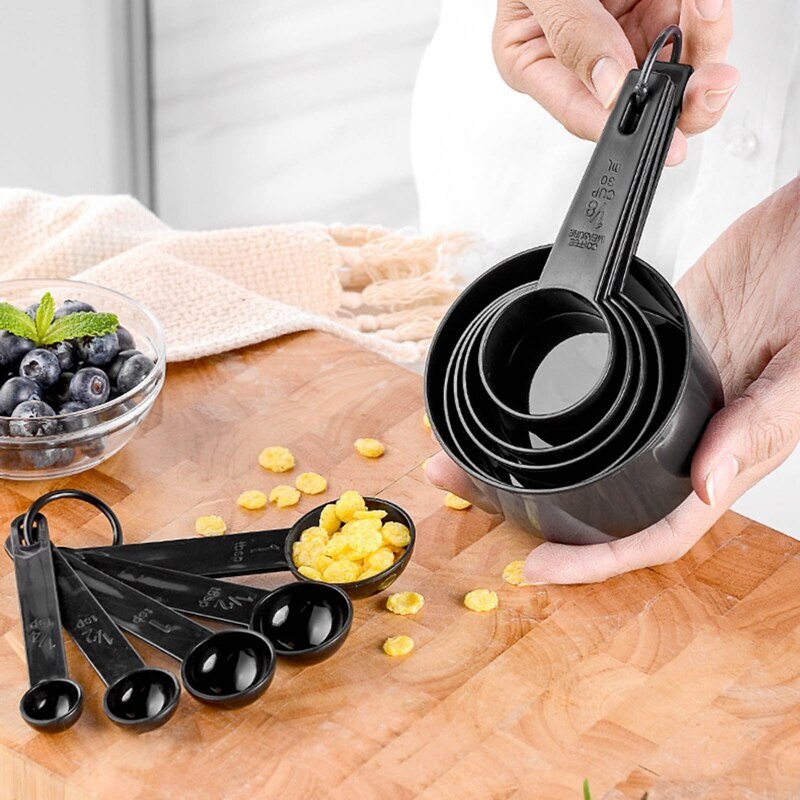 5pcs Plastic Kitchen Measuring Cups and Measuring Spoons Set Black PP Measure Cup Spoon Kit Home Baking Measurement Tool