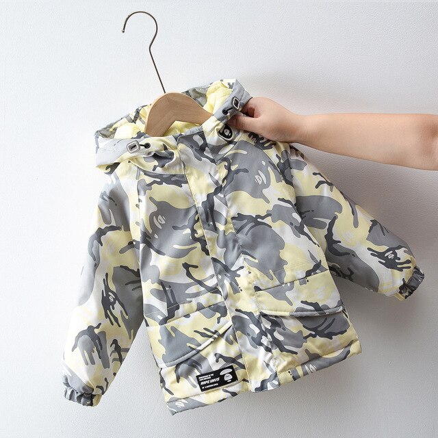Dzieci zima moda płaszcze moro gruby kapturem 90% puch kaczy ciepłe kurtki dla dziewczyna/chłopiec długa parka odzież wierzchnia: camouflage yellow / 5T