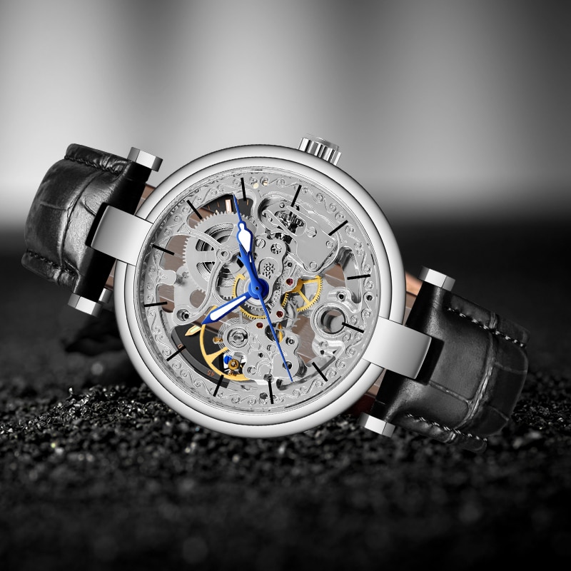 Forsining dubbelzijdig transparant waterdicht automatisch herenhorloge topmerk luxe skelet lichtgevend leren heren polshorloge