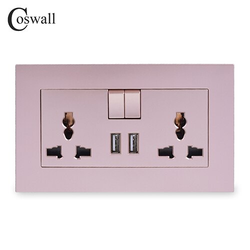 Coswall 13a universal switched socket 2 usb ladeport til mobil udgang 2.1a vægudtag grå farve pc panel: Guld