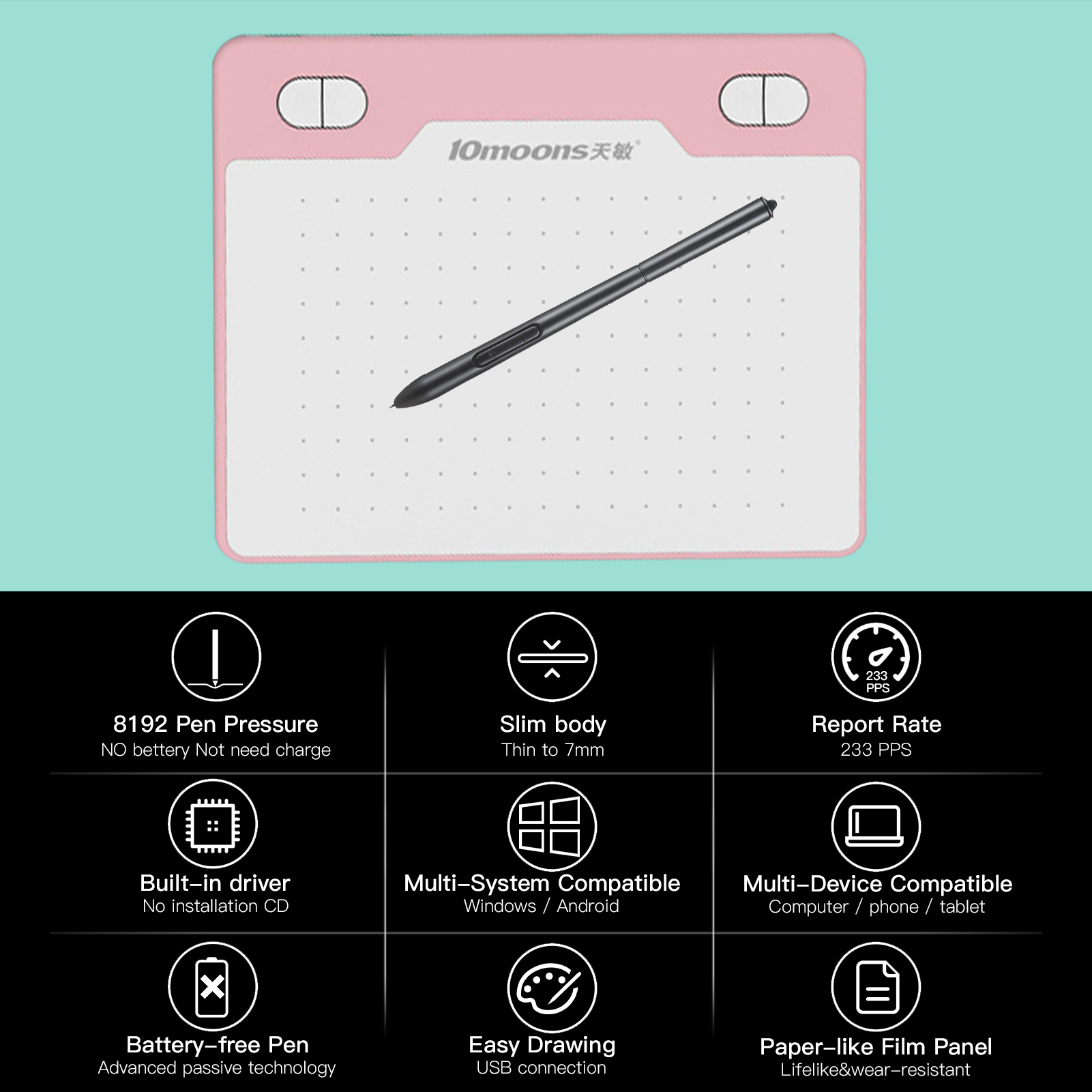 10moons T503 Digital Art Graphics Drawing Tablet 6 x3.9 inches Ultralight Art Creation Sketch OTG for Drawing Designing