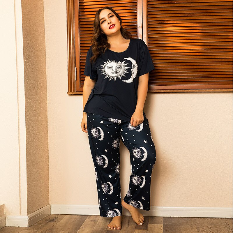 4xl plus tamanho 2 pcs feminino verão agradável pijama define sun moon impressão de manga curta pijamas macios pijamas outono pijamas homewear