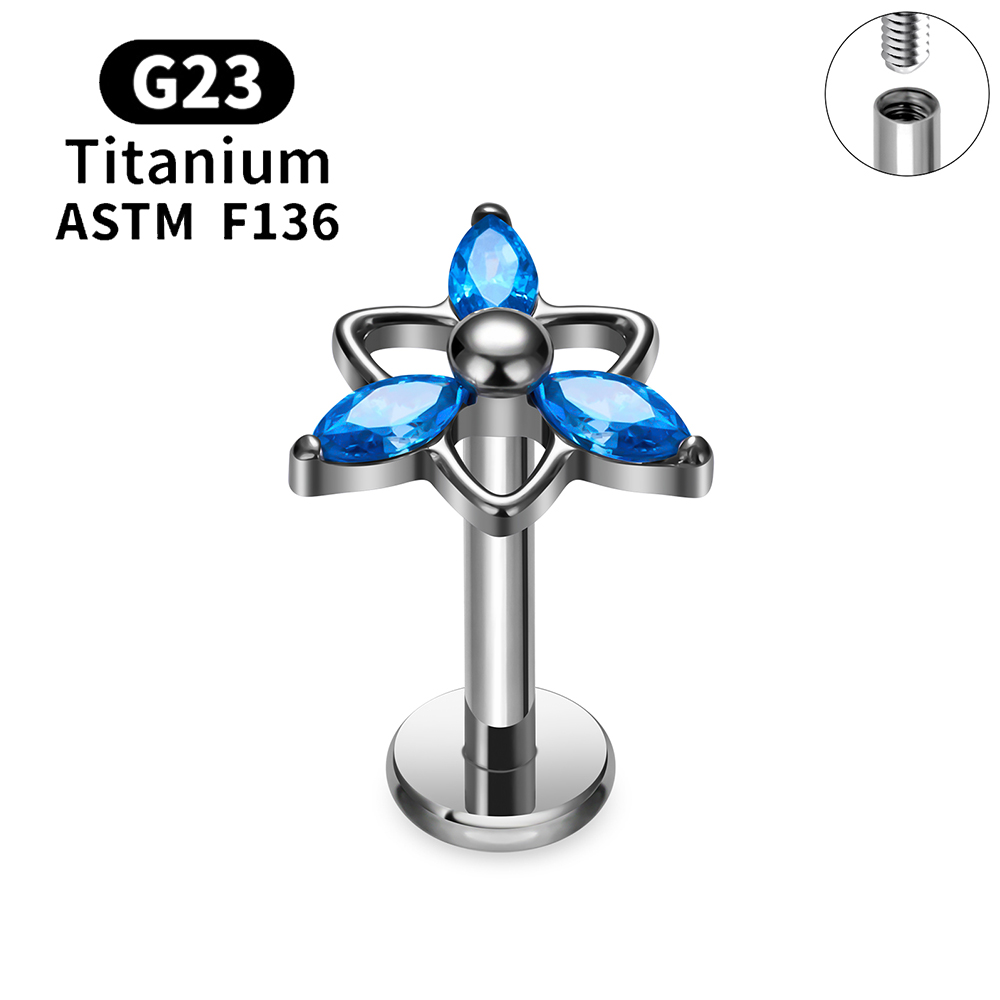 G23 Titanium Sneeuwvlok Kers Hartvorm Platte Achterkant Stud Oorbel 16G CZ Oor Tragus Kraakbeen Helix Conch Kwab piercing Sieraden: WHITE / Blue White Zinc Plated