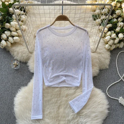 Kvinder hotsweet chic rhinsten mesh transparent lange ærmer sexet crop top slank sexet koreansk t-shirt efterårsskjorte til kvinder: Hvid