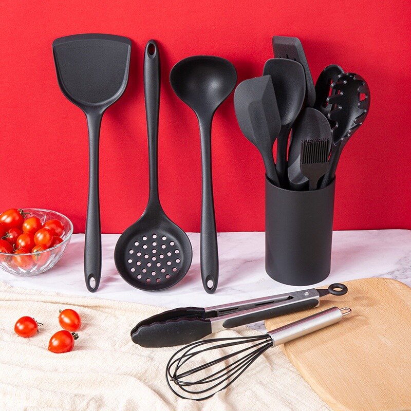 Black Silicone Kitchenware Set Utensils Cooking Tools Non-Stick Spatula Spoon Colander Baking Supplies Kinds Kitchen Tools