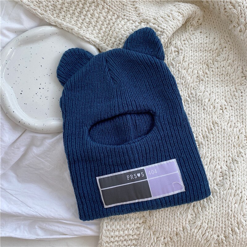 Bear Ear Balaclava Hat with Ear Cute Full Face Cover Ski Mask Beanies for Women 1 Hole Windproof Warm Streetwear Knitted: Blue