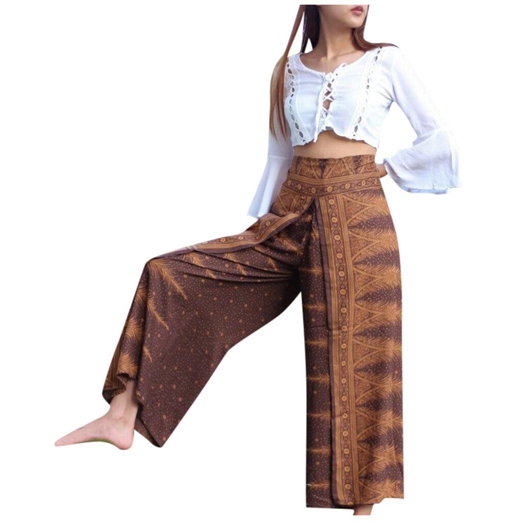 Mannen Vrouwen Casual Losse Hippy Yoga Broek Sport Afdrukken Broek Baggy Boho Aladdin Harembroek Lounge Strand Wijde Pijpen Broek #40: Khaki  / L