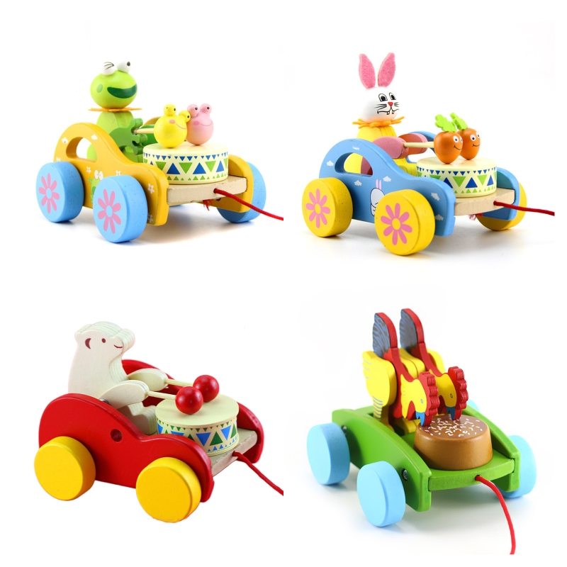 Pull Speelgoed Mini Auto Kinderen Houten Voertuig Speelgoed Voor Sliding Trommel Slaan Speelgoed Cartoon Dier Auto Speelgoed Cadeau Voor baby Jongens