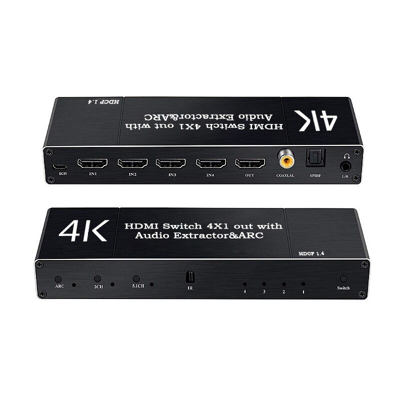 Hdmi switch 4k @ 60hz 4 in 1 ud med fjernbetjening/o optisk, hdmi splitter med o udtræksstøttebue