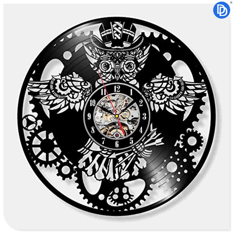 Steampunk klok uil monteur tandwielen vinyl wandklok retro gotische vintage decoratie