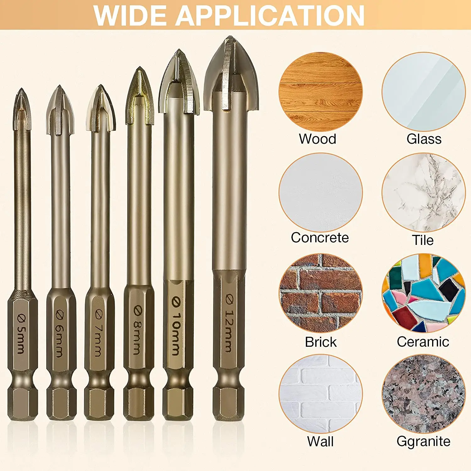 Glas Beton Boor Set Legering Carbide Punt met Snijranden Tegel Glas Kruis Speerkop Hex Keramische Boren Tool