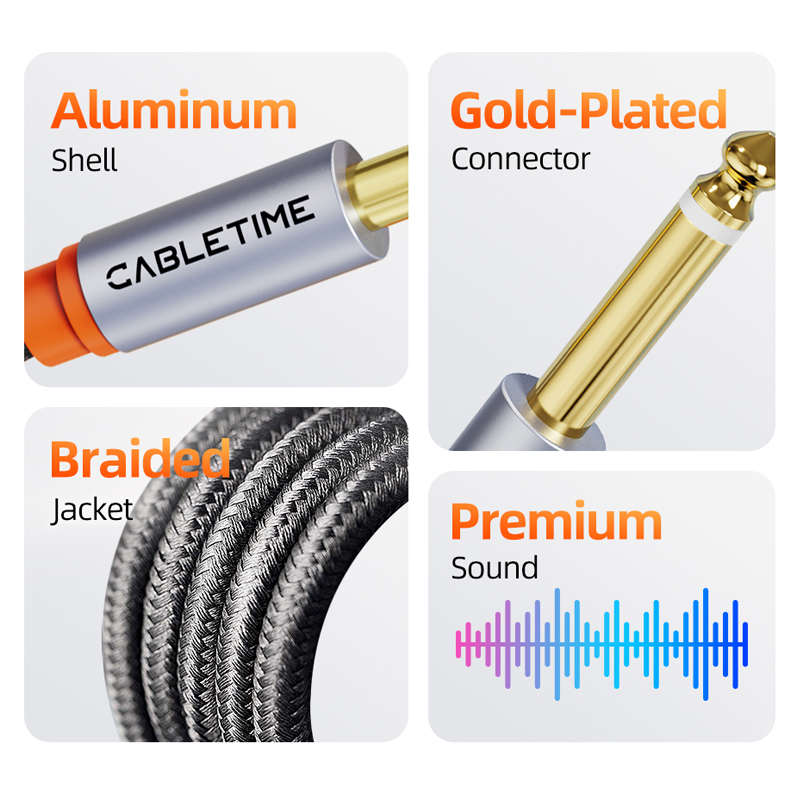 CABLETIME Kabel audio TS 3,5 mm robić podwójnego 6,35 mm TS Kabel Aux męnarty robić męskiego Podłącz komputer robić miksera lub wzmacniacza