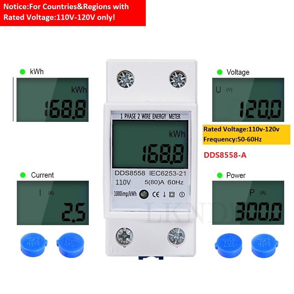 110V 120V 5(80) cyfrowy watomierz zasilanie prądem zmiennym licznik energii szyna hałas KWH miernik napięcia prądu podświetlenie z funkcja resetowania: 110V DDS8558-A