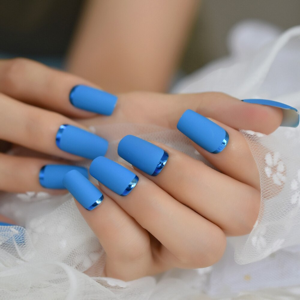 Medium Square Nail Art Tips Matte Plastic Artificial Fingernails Blue Simple Unique False Nails For Nail Art