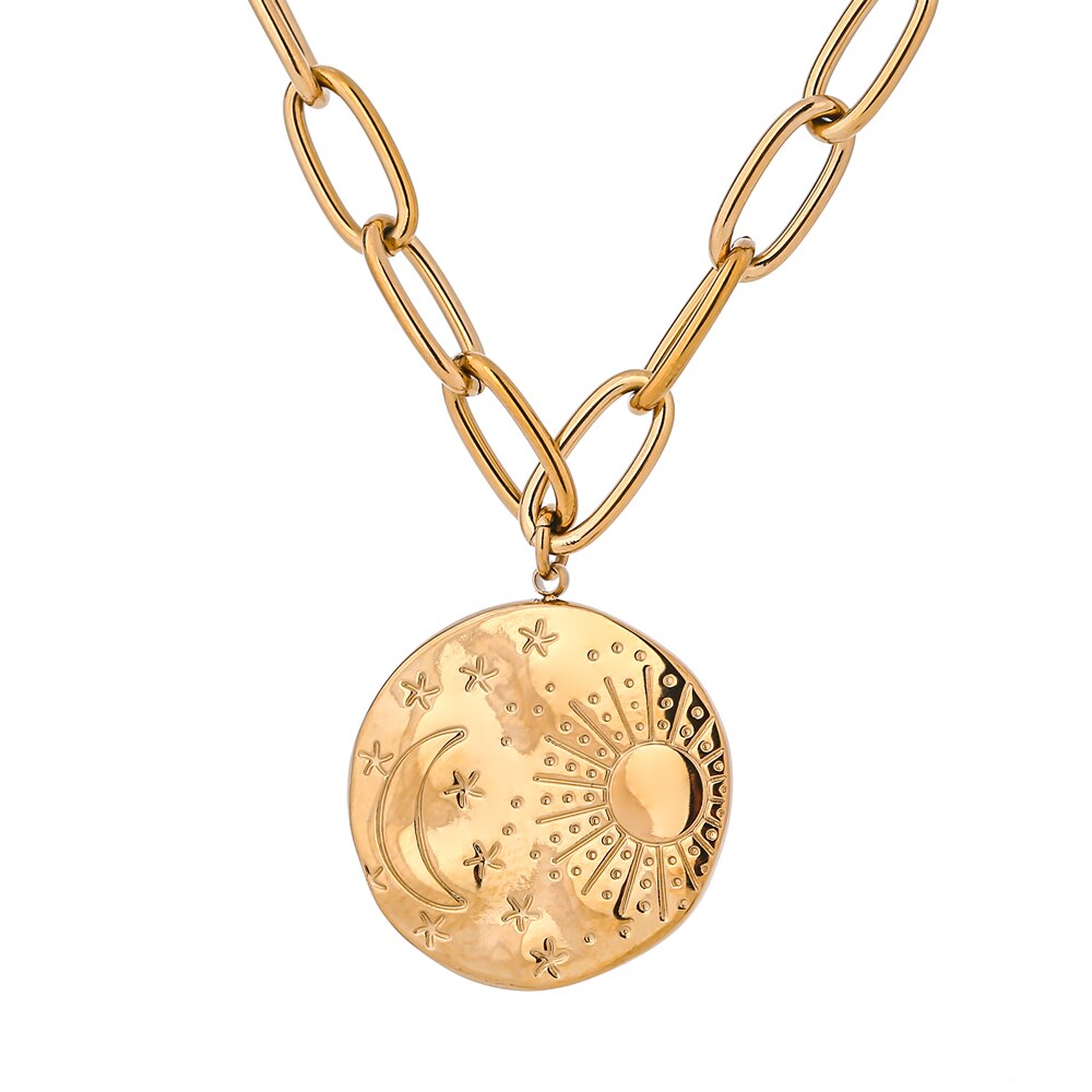 Yhpup chandail chaîne déclaration en acier inoxydable collier ras du cou bijoux pour les femmes étoile lune chaîne en métal pendentif collier: YH1229A Gold