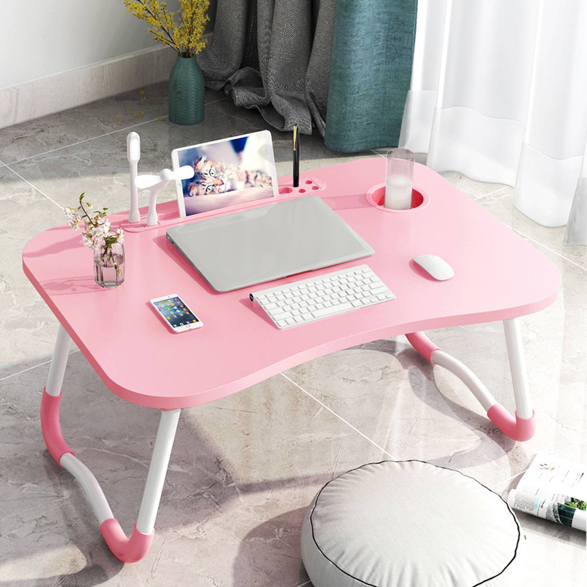 For Russian Folding Laptop Stand Holder Study Table Lamp Usb Fan Desk Wooden Computer Desk for Bed Sofa Tea Serving Table: Pink