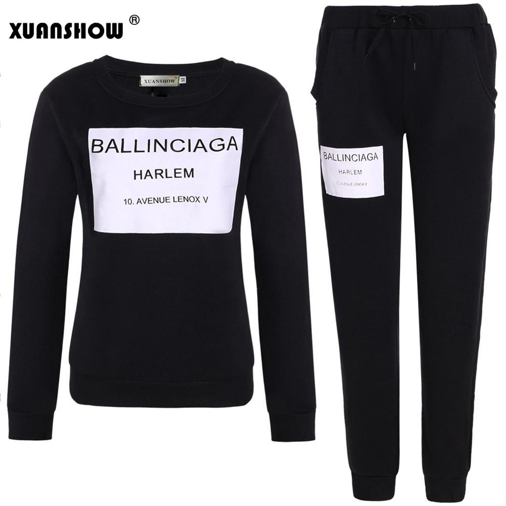 XUANSHOW Women Outfit Sportswear Spring Autumn Winter Printed Letters Ladies Fleece Tracksuits Long-sleeve Casual 2 Piece Set: Black / XL