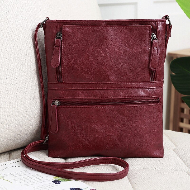 Väskor för kvinnor vintage messenger bag dubbel dragkedja pu läder handväska cross body väska casual axelväskor kvinnlig bolsa: Vinröd
