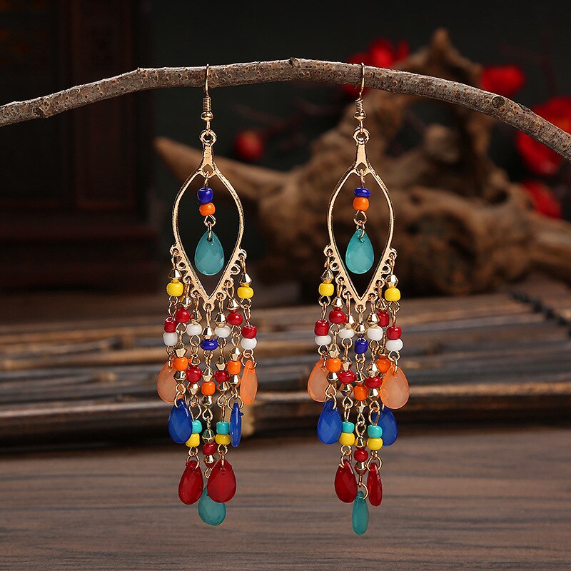 Boho Colorful Resin Beads Tassel Dangle Earrings for Women Long Bohemia Acrylic Earrings Jewelry Accessories: E1800-Colorful