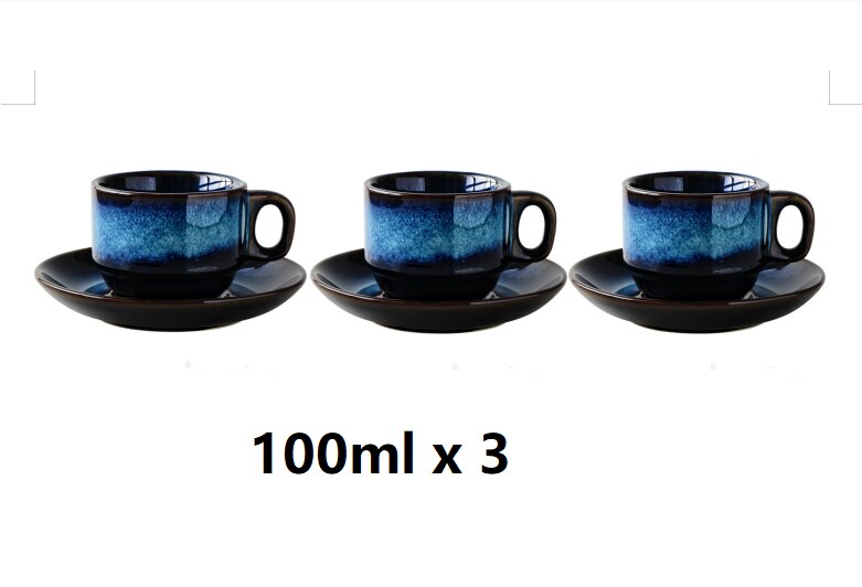 Fashionable porcelain craftsman ceramic coffee cup and dish set breakfast cup afternoon tea Japanese simple Blue: 100ml(3pcs)