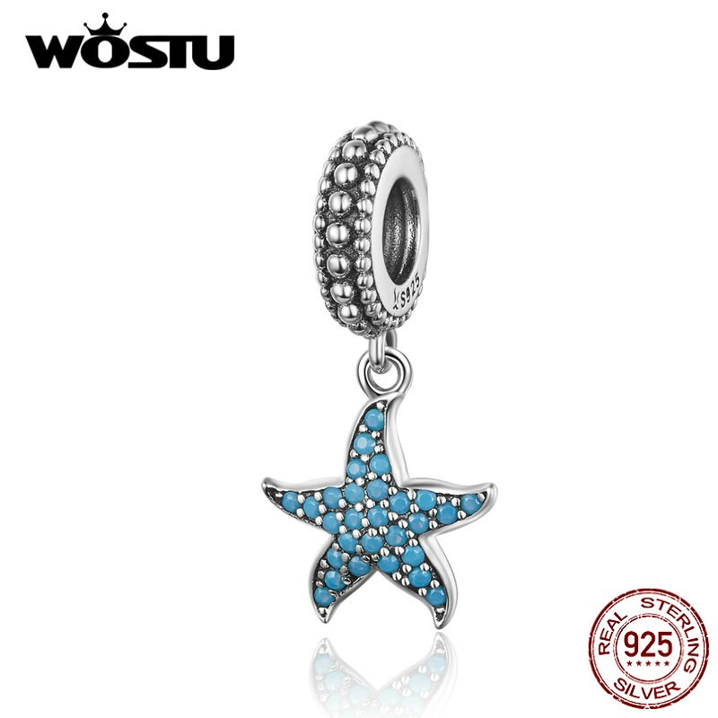 WOSTU Blau Stein Seesterne Schwimm Baumeln Charme 925 Sterling Silber CZ Perlen passen Original Armbinde Anhänger DIY Schmuck FIC1210