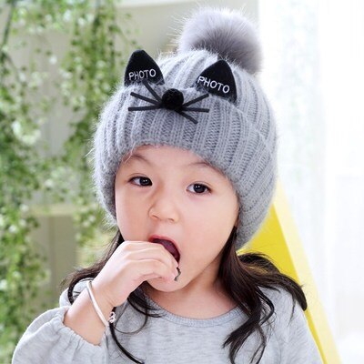 Children's Hat Autumn Winter Warm Thick Kids Hat 2-7 Year Old Children Hat with Velvet Knitting Wool Hat for Girls Boys: Gray