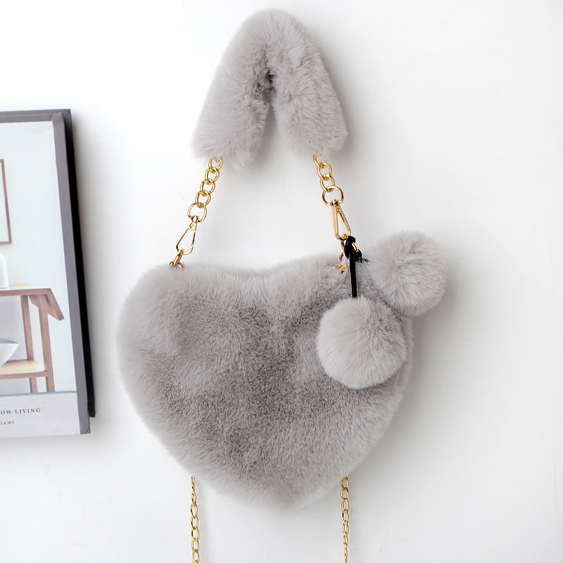 Faux Fur Women Handbags Heart Shaped Shoulder Bag Female Clutch Purse Chain Messenger Bag Plush Shoulder Crossbody Bag: Light Grey