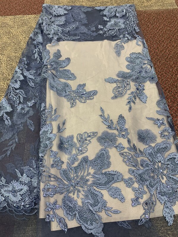 Tela de encaje de tul africano superventas , tela de encaje suizo con bordado de flores, tela de encaje nigeriano de con cuentas para novia: blue