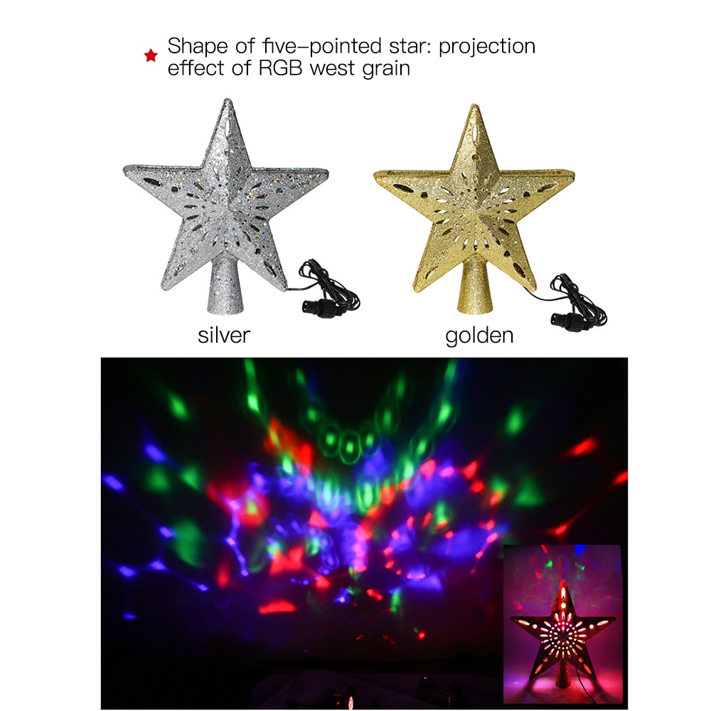 Jul 3d blinkande stjärnor julgran toppdekoration led roterbara stjärnor snöflinga projektionsljus julgranshänge