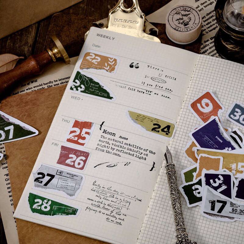 Journamm 45pcs Vintage Date Sticker Flakes Scrapbooking Bullet Journal Paper Craft Stationery Sheets Label Stickers