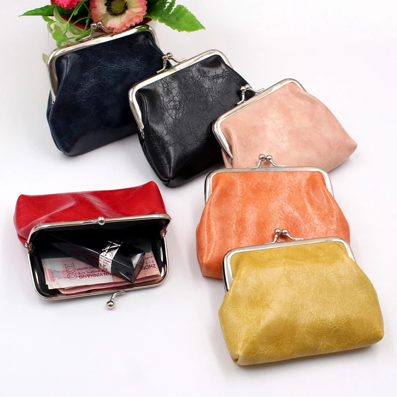 Lady Leather Mini Wallet Vintage PU Oil Wax Leather 4-inch Buckle Coin Purse Women's Short Handheld Coin Bag