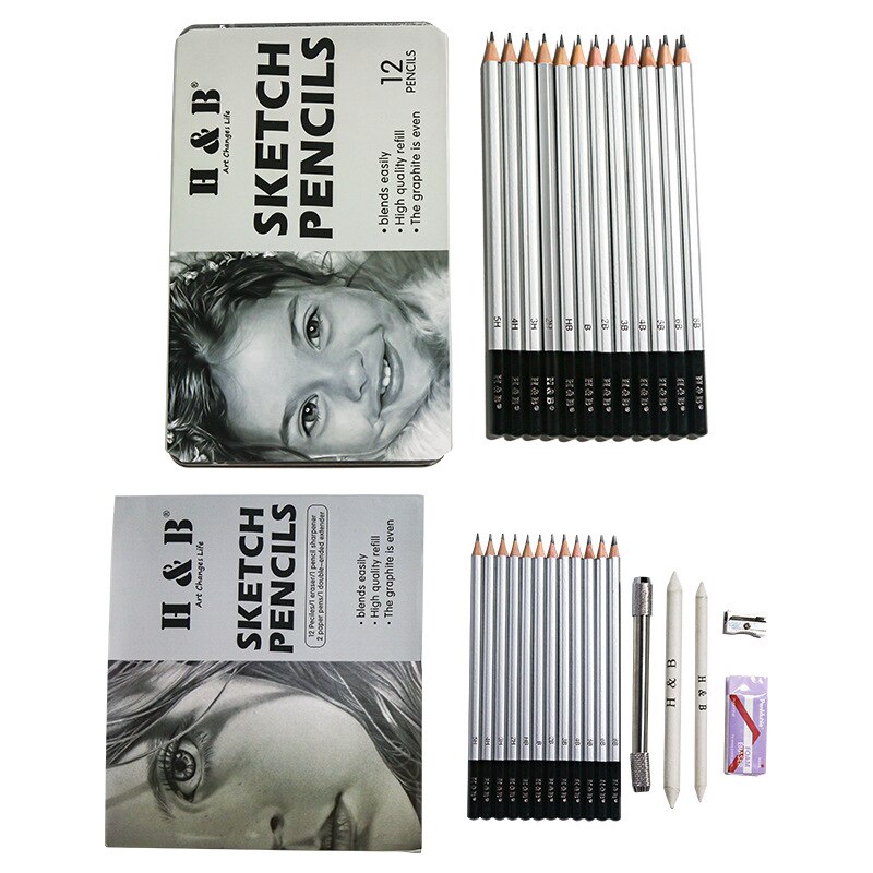 12/17 Pieces of Advanced Drawing Pencil Set Wooden Iron Box Sketch Comic Pencil Student Model Complete Learning Stationery