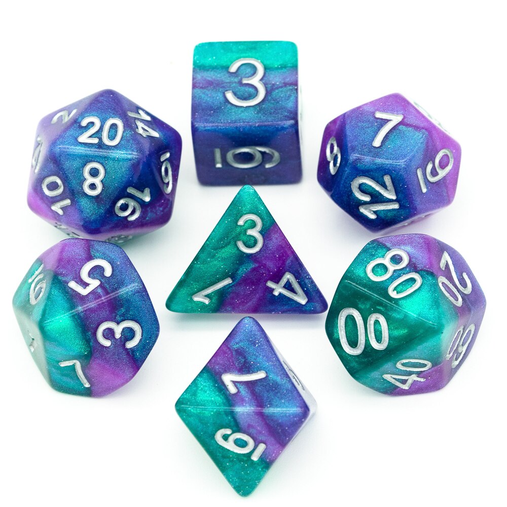 7 stk/sæt sparkle galaxy dnd terninger d&d terninger  d4 d6 d8 d10 d% d12 d20 polyedriske spil terninger sæt til bordspil mtg rpg: Ga04 lilla grønne
