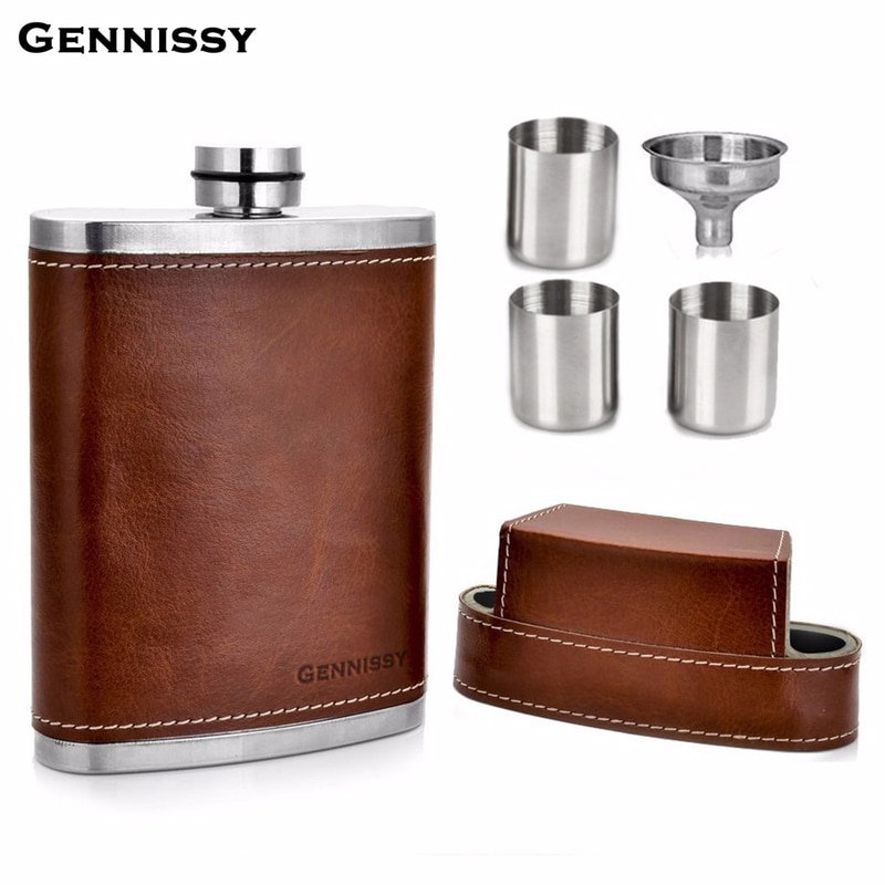 CARRYWON 8 oz Leer Bekleed Heupfles Met Caps Rvs Fles Voor Alcohol Outdoor Reizen Essentiële Goederen Voor Mannen