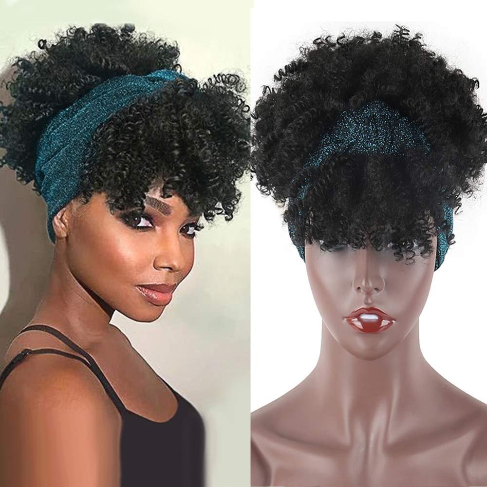 Afro Puff Turban Synthetic Wig Short Kinky Curly Headwrap Drawstring Wrap-wig 2 in 1 Updo Head-Wrap Wig for Black Women: #13