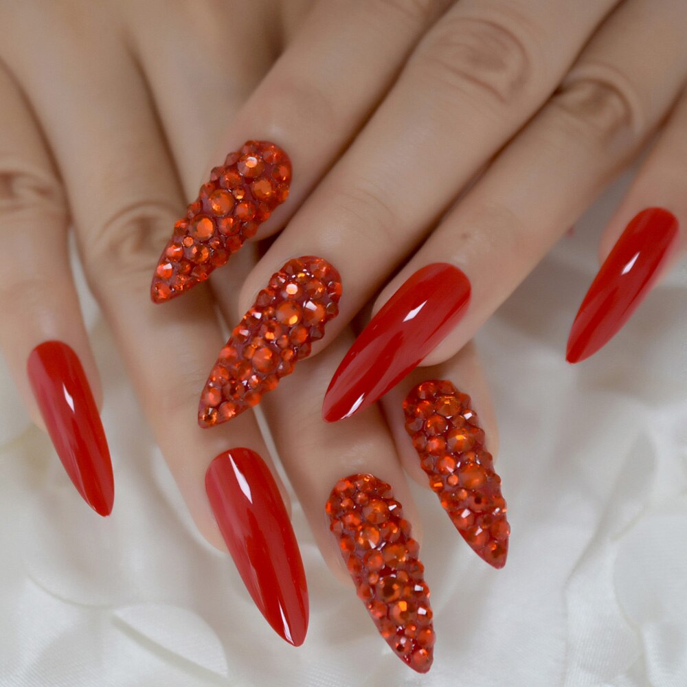 Chinese Rode Luxe Nep Nagels Volledige Dekking Steentjes Prachtige Stiletto Lange Custom Druk Op Nagel Handgemaakte Manicure Tips 24