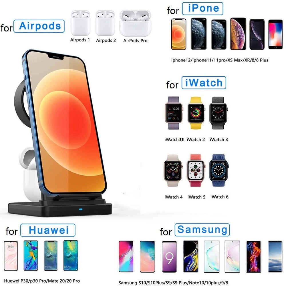 3-in-1 Wireless Charger Dock 15W Fast Charge for iPhone 12 11 XS XR X 8 Apple Watch Airpods Pro