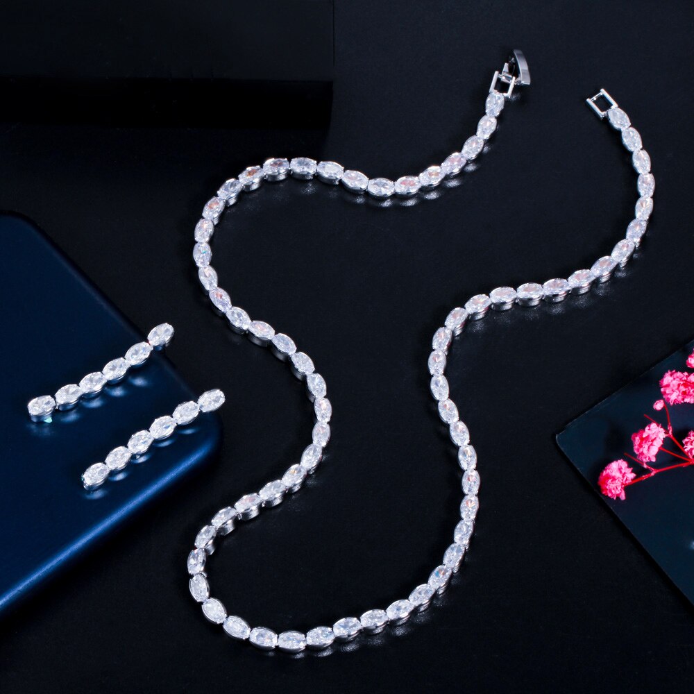 Cwwzirconi Top ovale Cubic Zirconia Party Prom collana e orecchini spose set di gioielli per accessori da damigella d&#39;onore T549