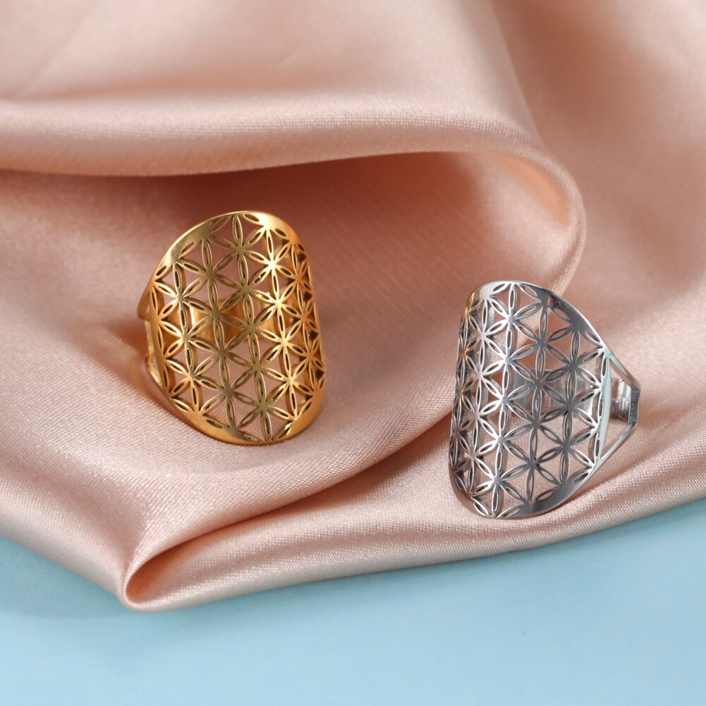 LIKGREAT Anelli regolabili con fiore della vita Vintage per le donne nuovo anello in acciaio inossidabile vichingo regalo di gioielli con amuleto con geometria sacra