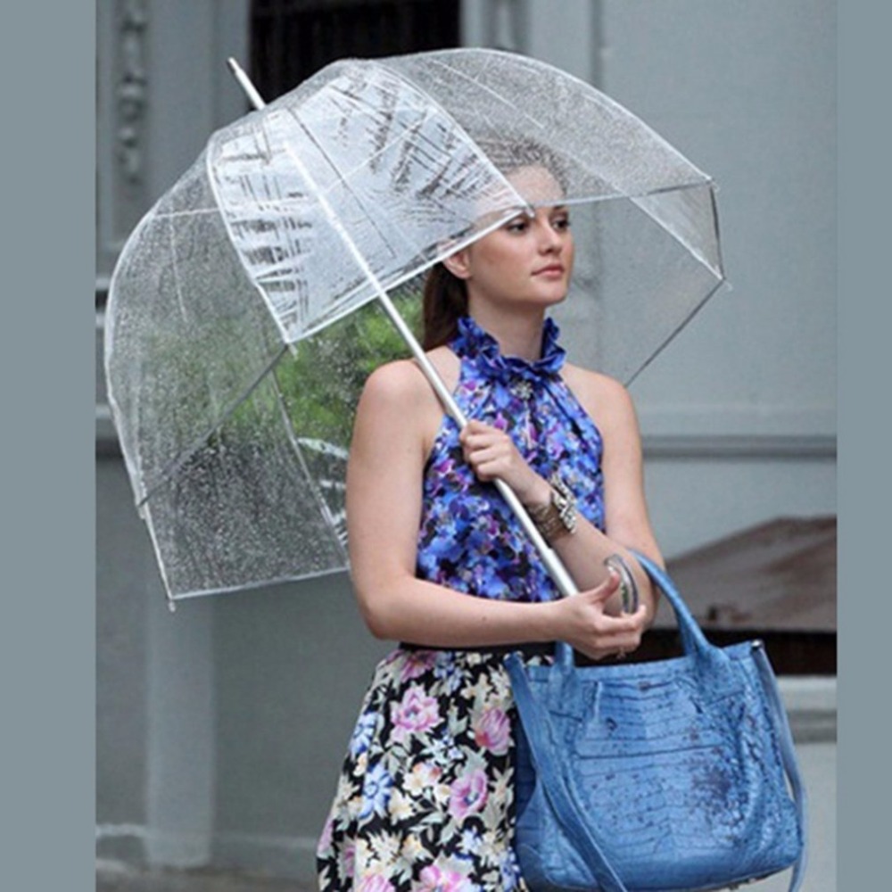 Holdbar gennemsigtig lang håndtag kvinder paraply halvautomatisk bærbar størrelse piger solrig regnfuld polyester paraply