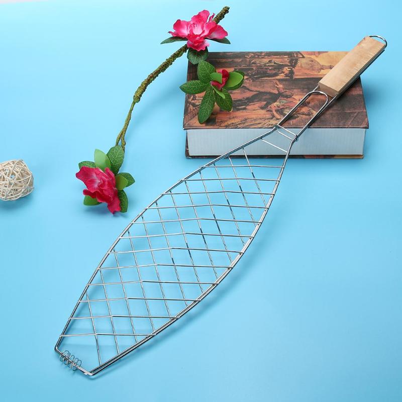 Holzsammlung BBQ Grillmand, Roestvrijstalen Visgrillmand met Houten Handvat, Barbecue Grill Gereedschap, Draagbaar Outdoor Camping BBQ Rek voor Garnalen, Giefstuk, Groenten, (32 x 22 x 4 CM