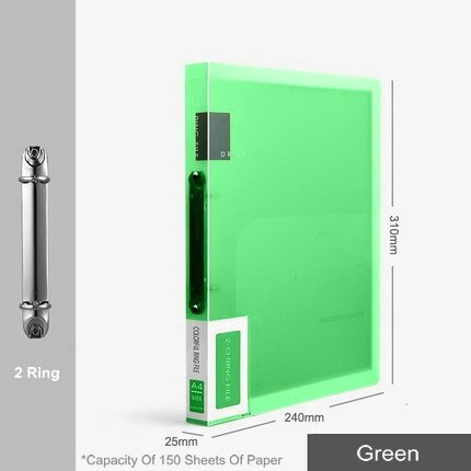 Carpeta de archivos con 3 anillas de colores, organizador de papel A4, 2 anillas transparentes, fundas organizadoras de documentos, carpeta de PVC A4: 2 Ring    Green