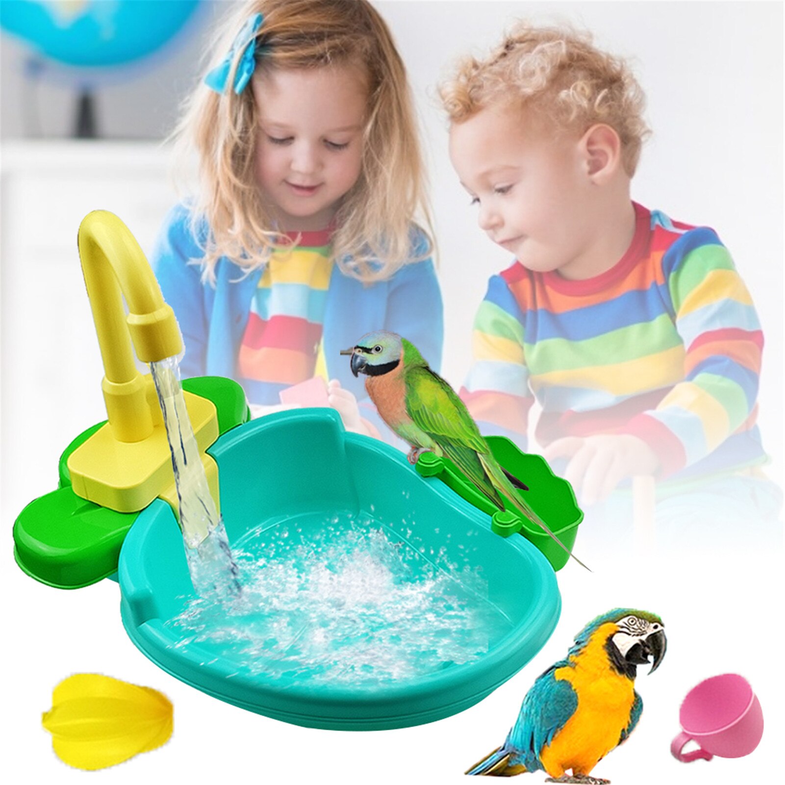 Automatic Bird Bath Tub with Faucet Pet Parrots Parakeet Cockatiel Fountains SPA Pool Shower Multifunctional Toy Cleaning Tool