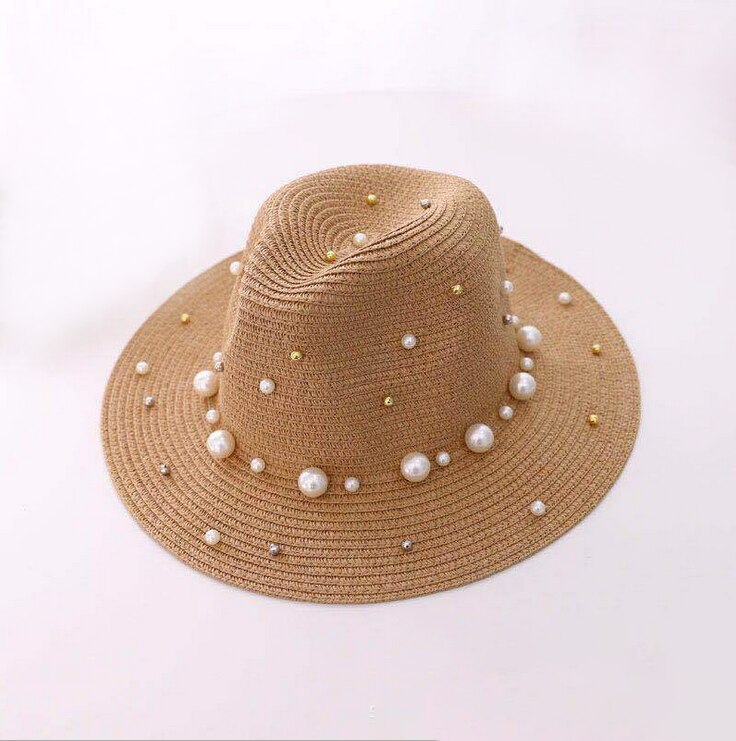 summer ladies spring hats flower beads wide brim jazz panama straw sun visor beach hat flower rivet pearl straw hat cap: 3