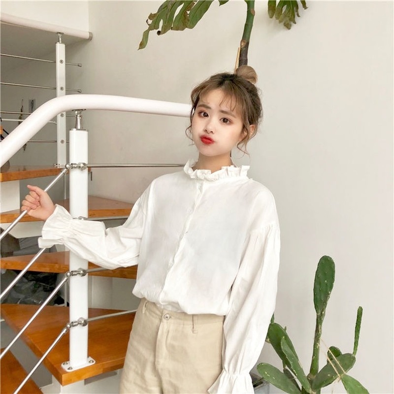 Blusa branca para mulheres, harajuku, roupas femininas, tops e blusas para mulheres, manga alargada, estilo coreano, nova moda, ulzzang chic