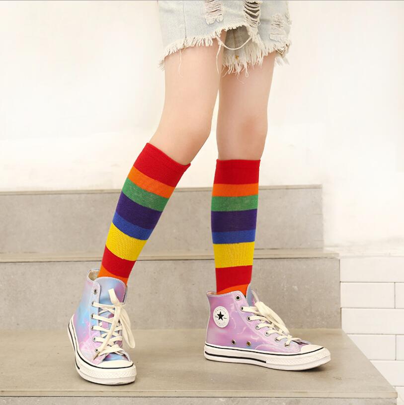 Rainbow Baby socks school girls colorful stripe knee high long socks for girls meias boys sports socks cotton children leg wamer