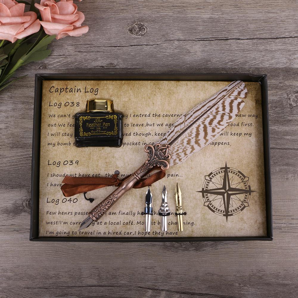 Antique Quill Feather Dip Pen Writing Ink Set Stationery Box Fountain Pen